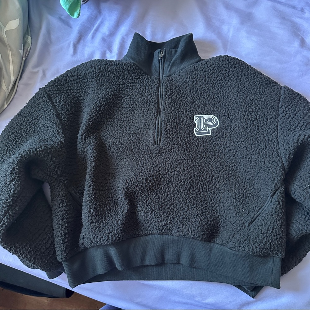 VS PINK Black Sherpa Quarter-Zip Pullover with Logo